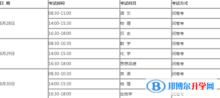 2021年文山中考时间表